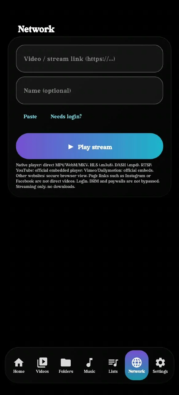 3dPlayer network tab - paste a video or stream link to play