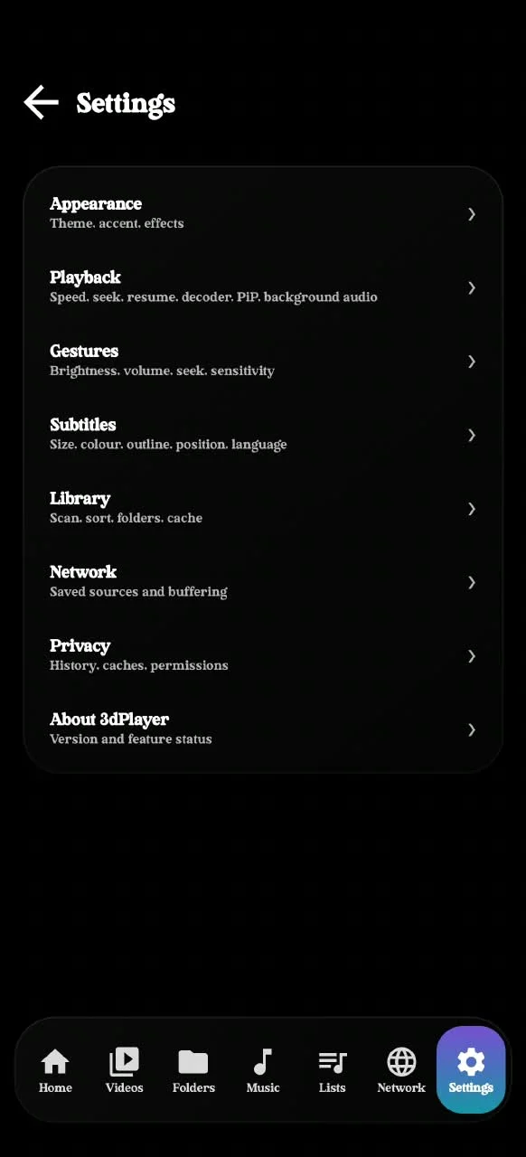 3dPlayer settings list